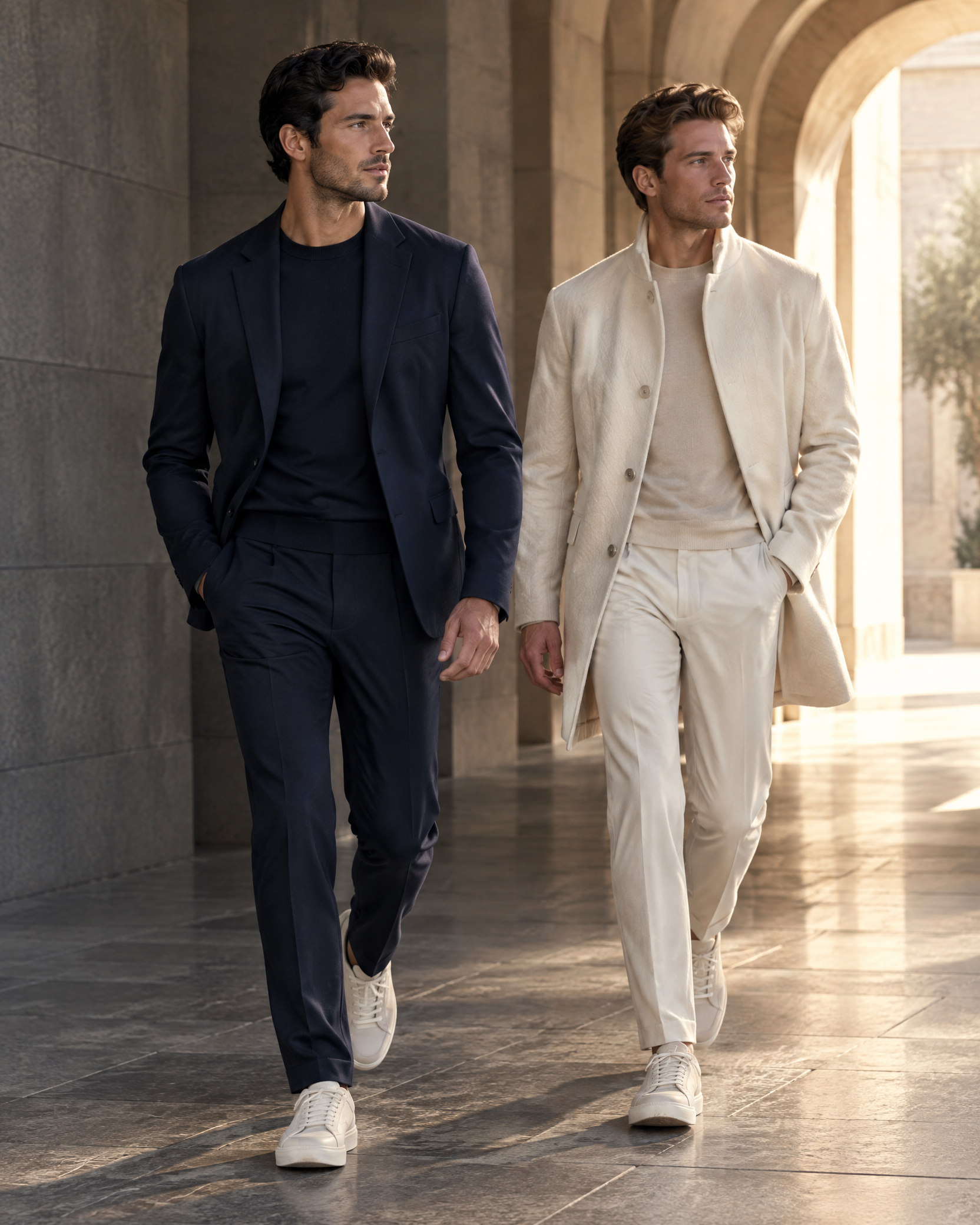Two men in NEDOIR-inspired light and dark tailoring walking through a stone arcade