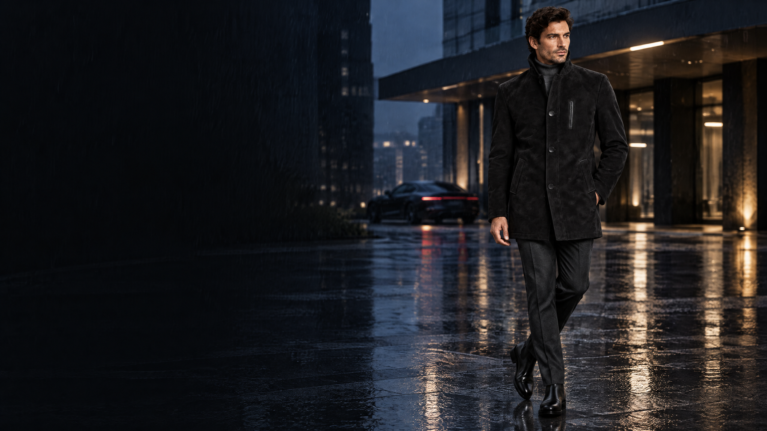 NEDOIR CORSA black vegan suede coat outside a contemporary building at night