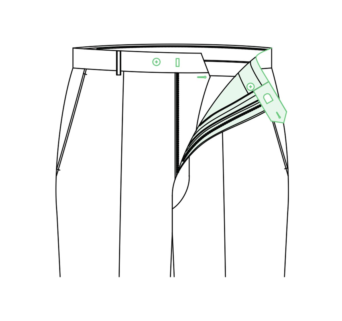Hook-and-bar and button-through waist-extension tailored trouser reference