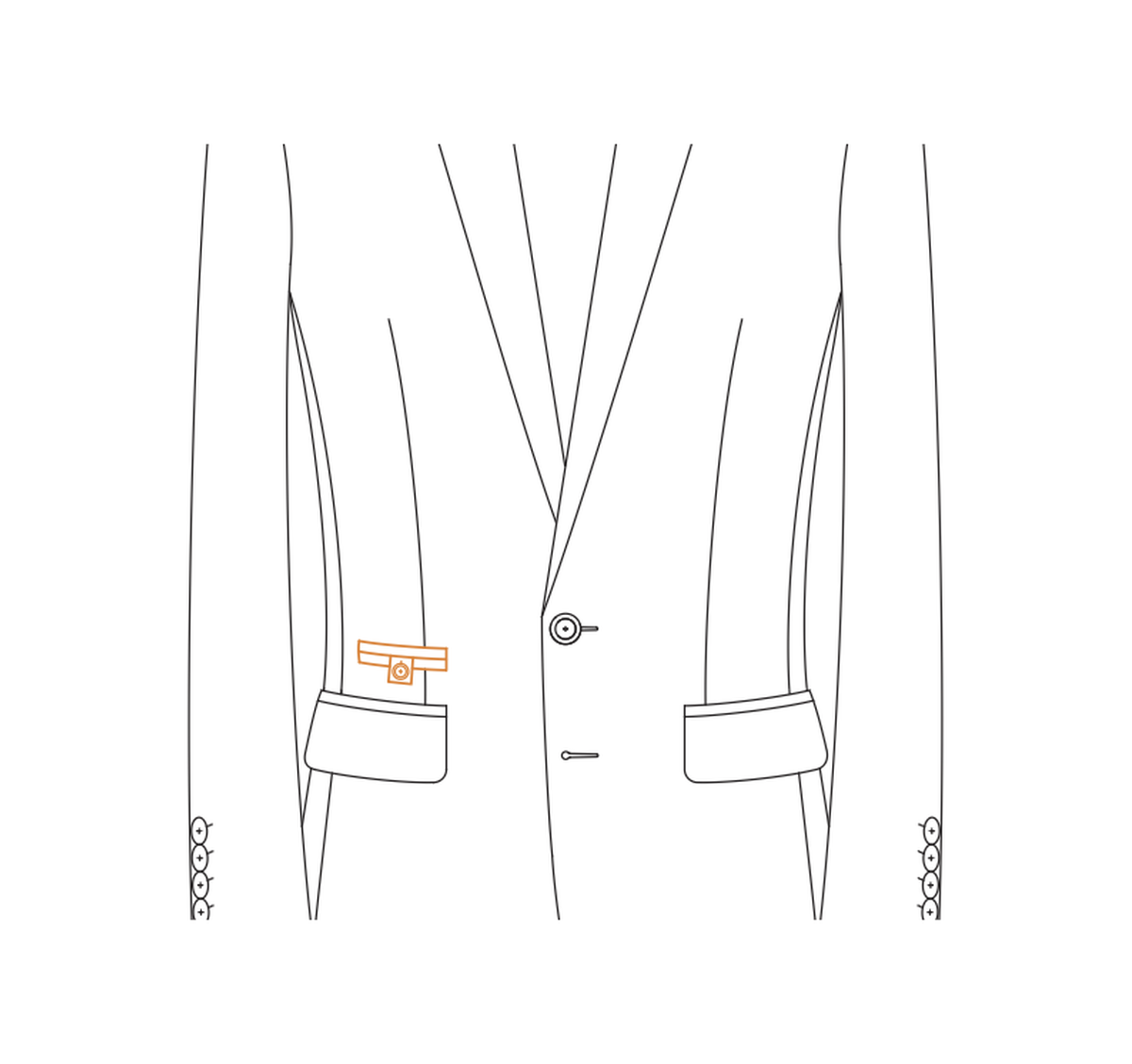 Double besom ticket pocket with square tab and button reference