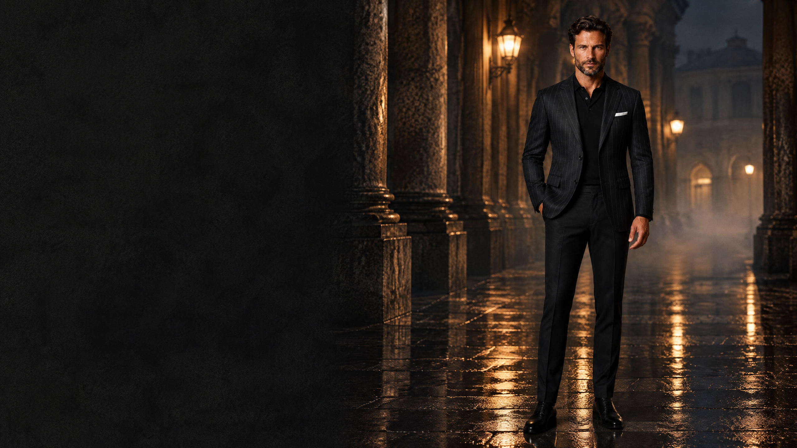 NEDOIR NEAPOLIS W-P001 black chalk stripes wool jacket in an evening colonnade