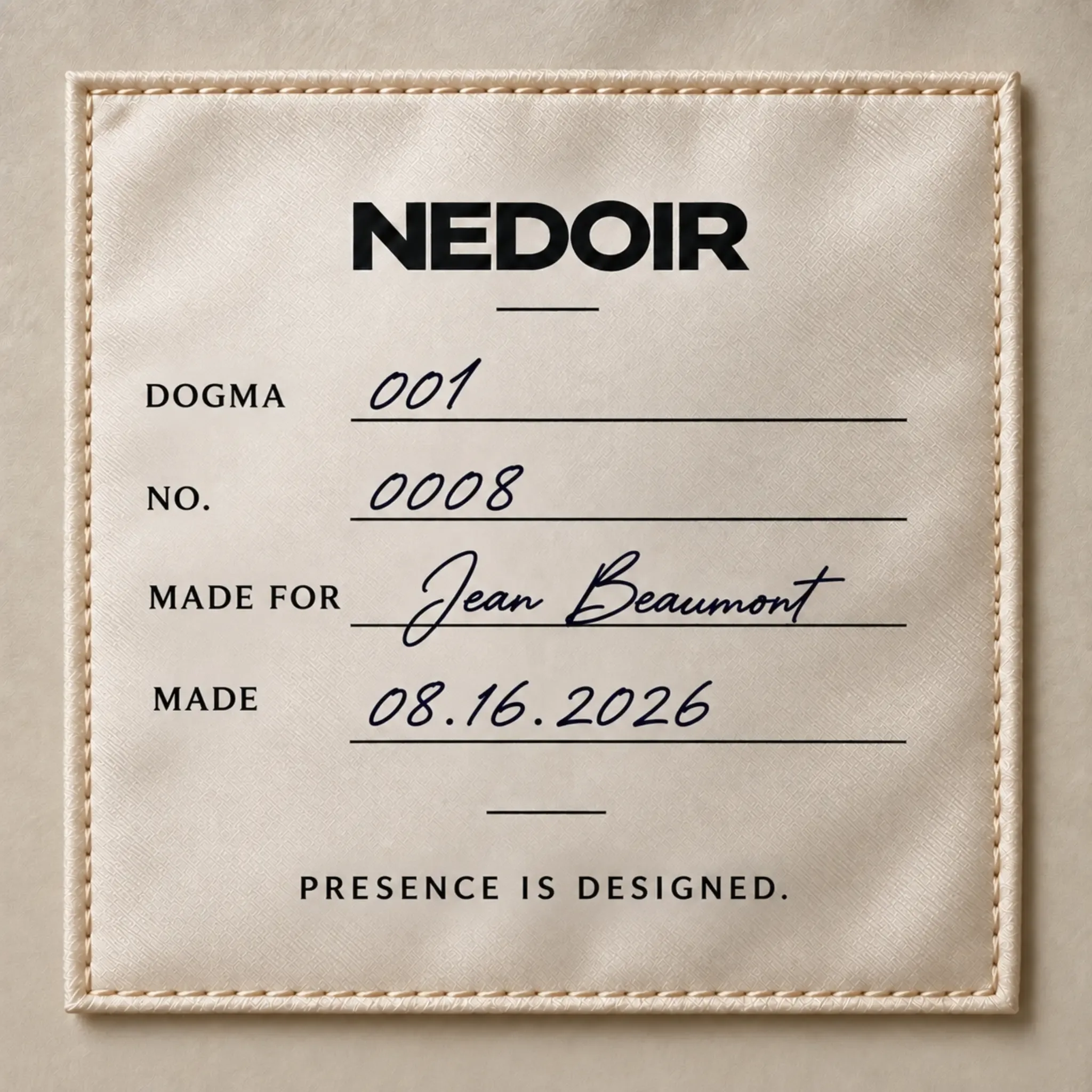 NEDOIR interior garment label showing a piece number, initials, and production date