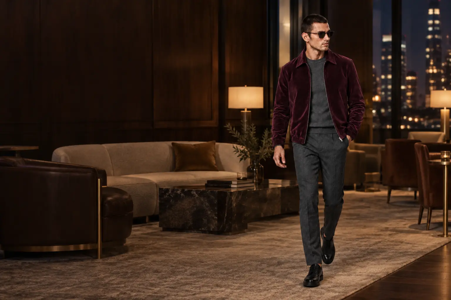 NEDOIR DOGMA V016 burgundy velvet blouson in an evening lounge