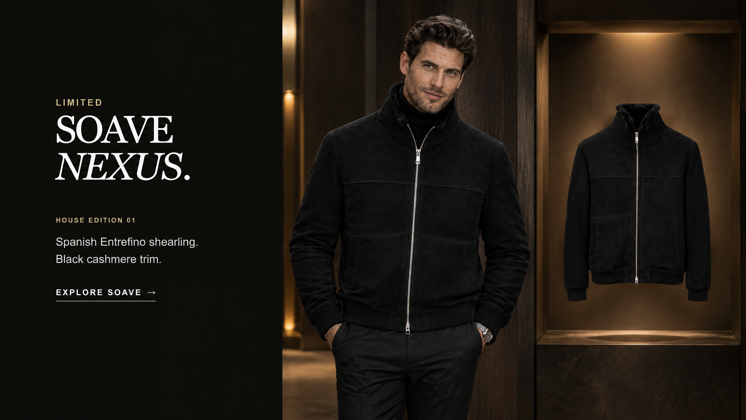 SOAVE NEXUS black suede and black cashmere bomber shown on a model beside its ghost jacket