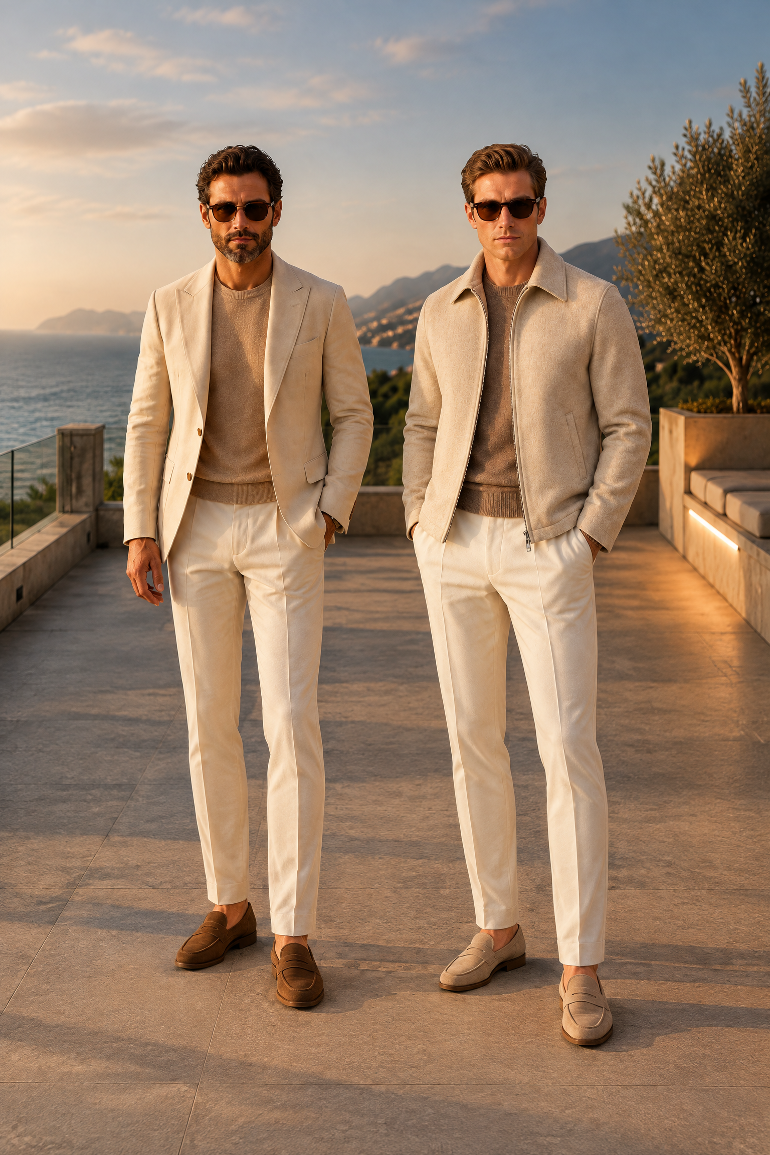Two men in light tailored jackets, shown full-length on a coastal terrace at sunset