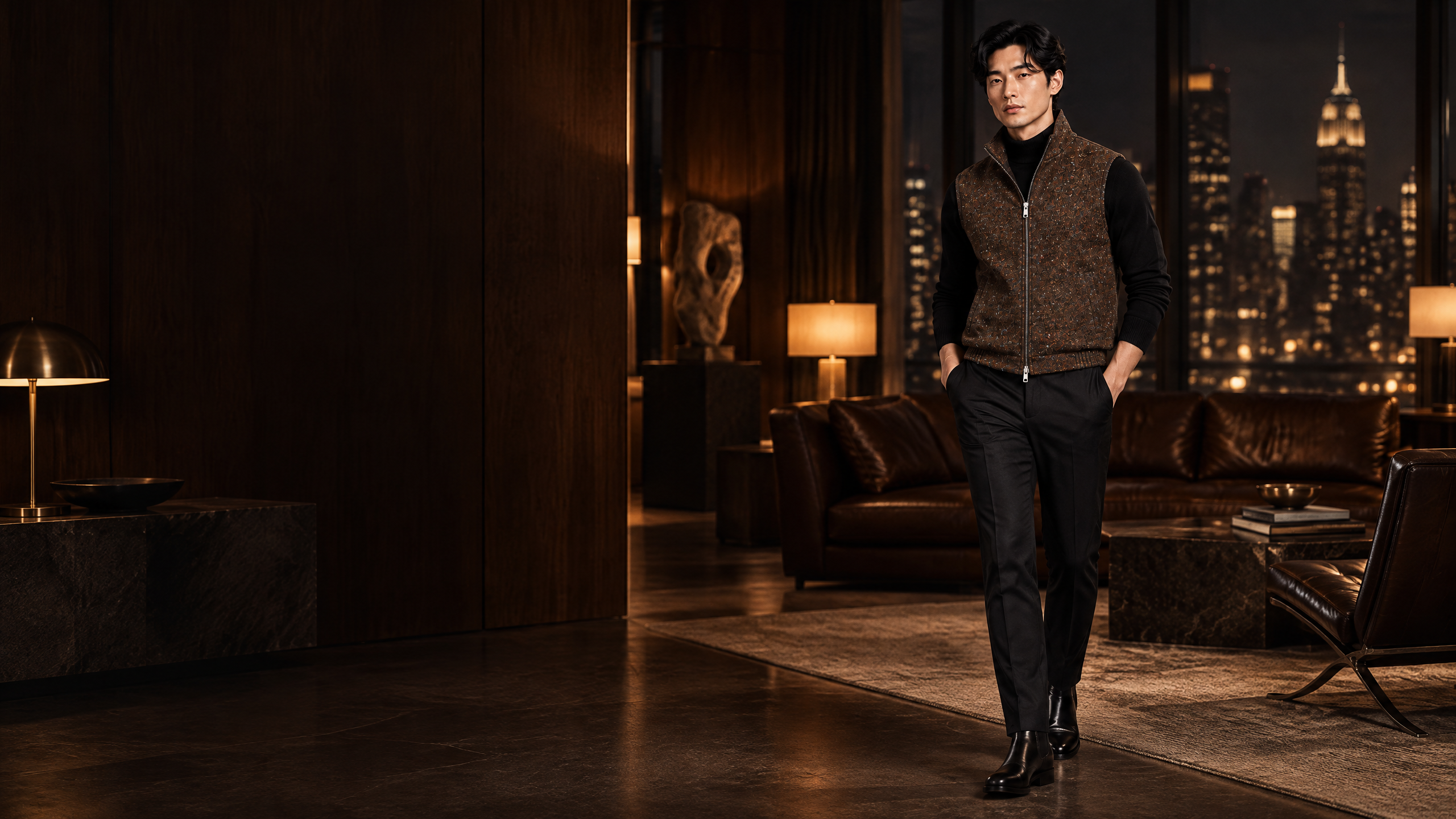 NEDOIR VESTO WD013 brown Donegal wool vest in a cinematic evening residence