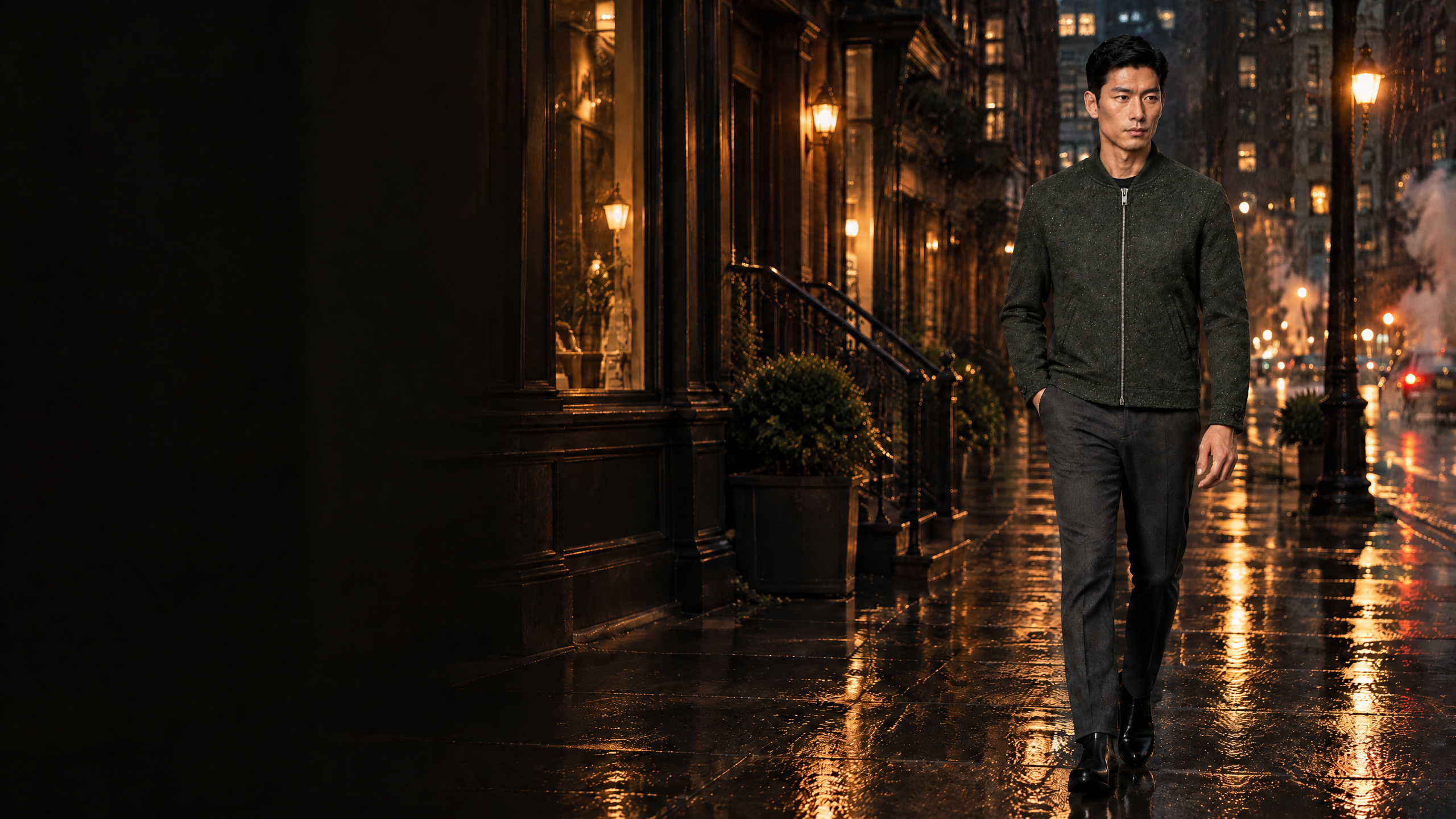 VOLO W011 olive Donegal wool bomber worn in a Manhattan evening setting
